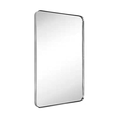 GRACTO 24x40'' Chrome Metal Framed Bathroom Mirror for Wall in Stainless Steel Rounded Rectangular Bathroom Vanity Mirrors Wall Mounted