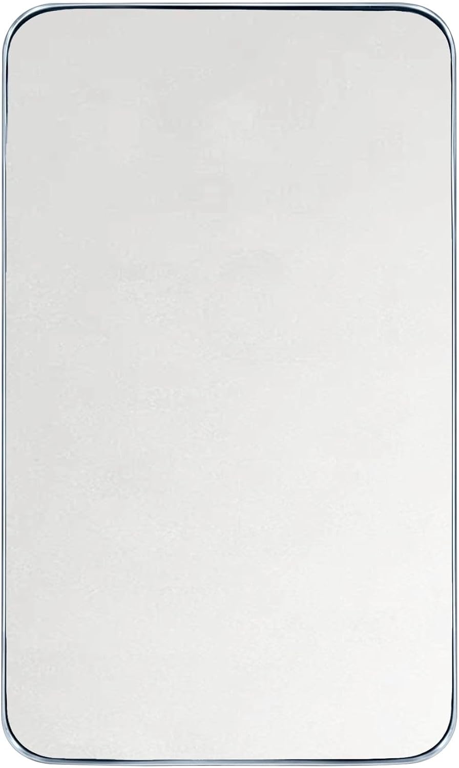 GRACTO 24x40'' Chrome Metal Framed Bathroom Mirror for Wall in Stainless Steel Rounded Rectangular Bathroom Vanity Mirrors Wall Mounted