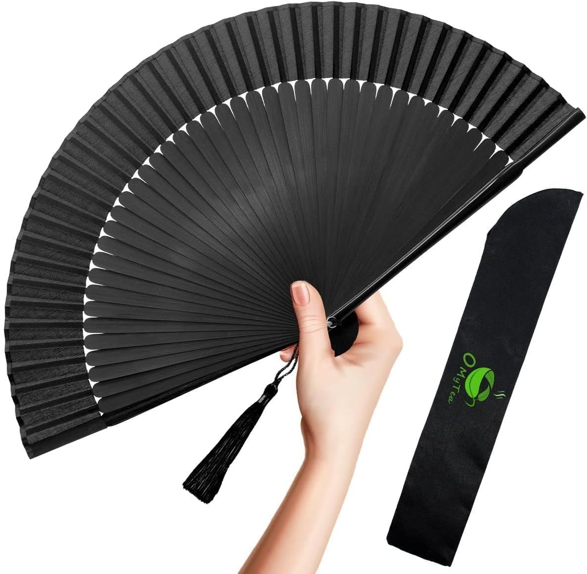 OMyTea Hand Fan Foldable for Women, Japanese Chinese Fan, Solid Black