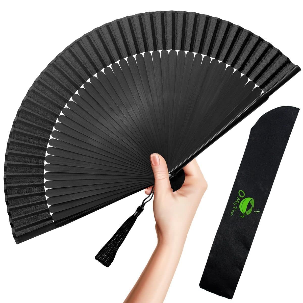 OMyTea Hand Fan Foldable for Women, Japanese Chinese Fan, Solid Black
