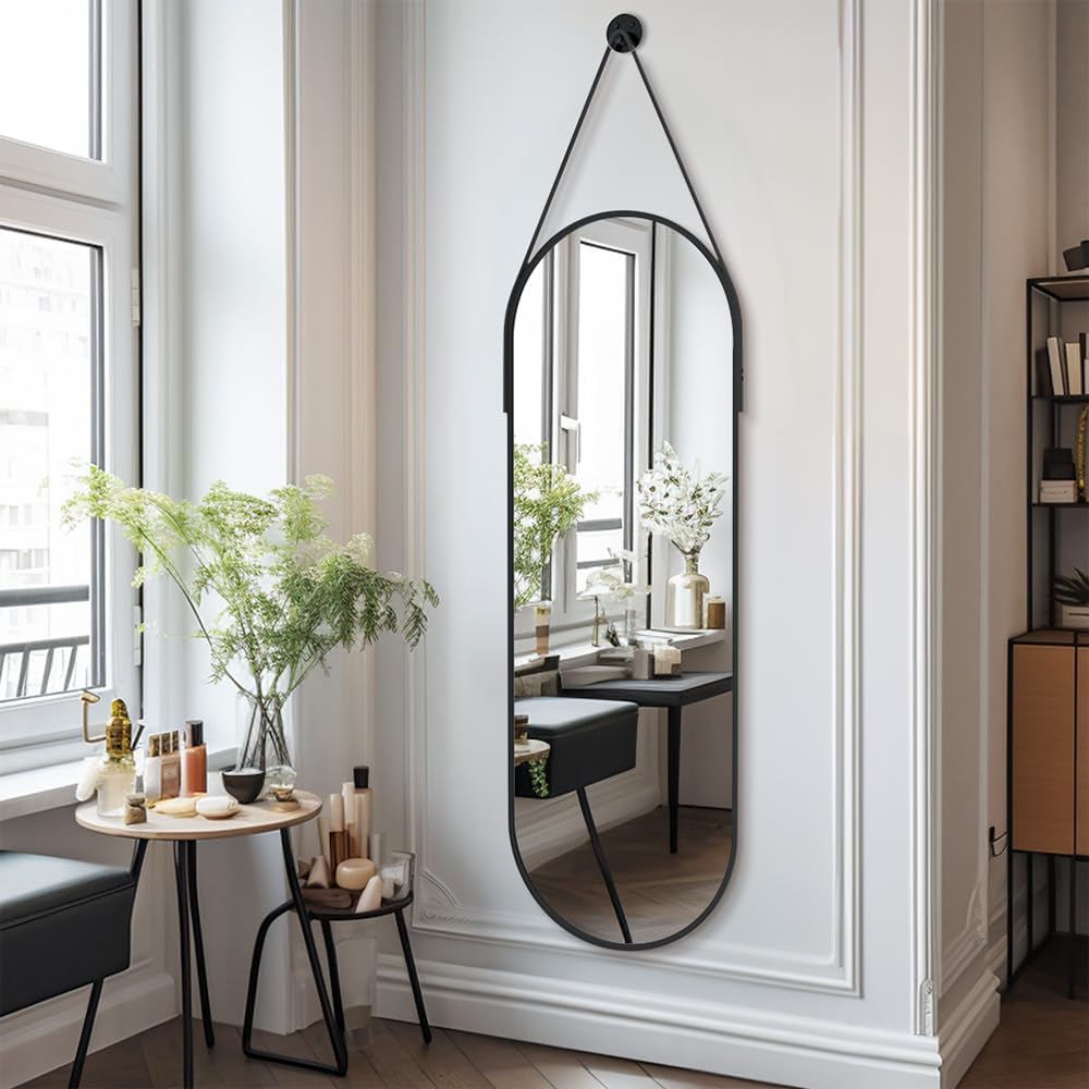 OGCAU 48" x 16" Full Length Mirror Wall Mounted Hanging Mirror, Oval Black