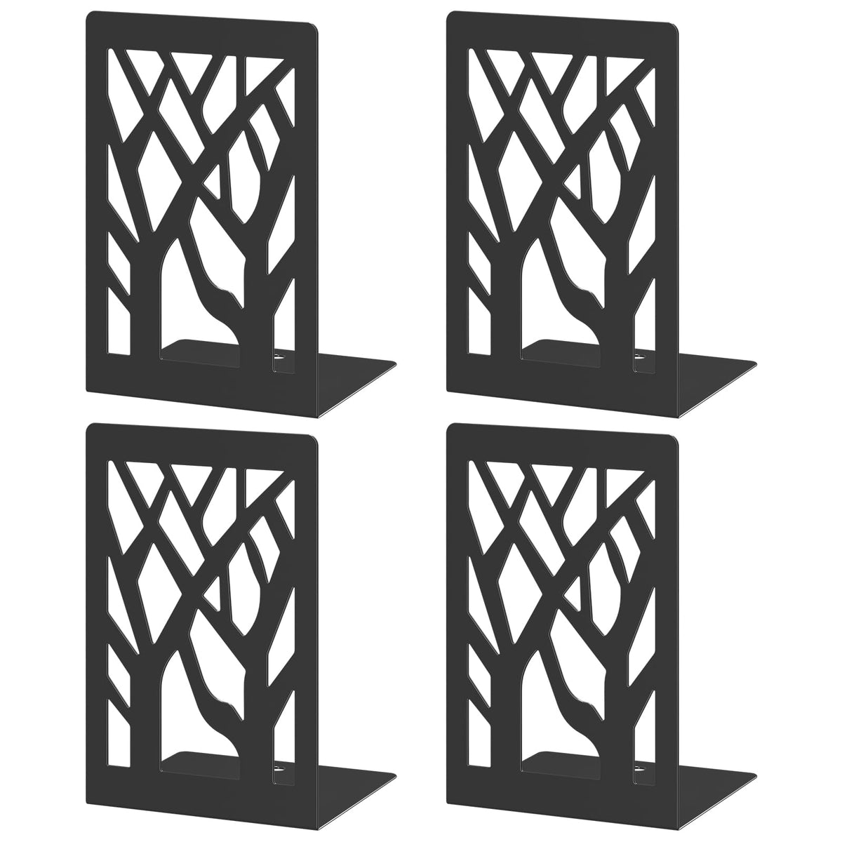 VFINE 4-Piece Modern Metal Bookends for Shelves, Black Tree Book Ends for Books, Decorative Book Organizer for Desk, Non-Skid Shelve Bookends for Home Office
