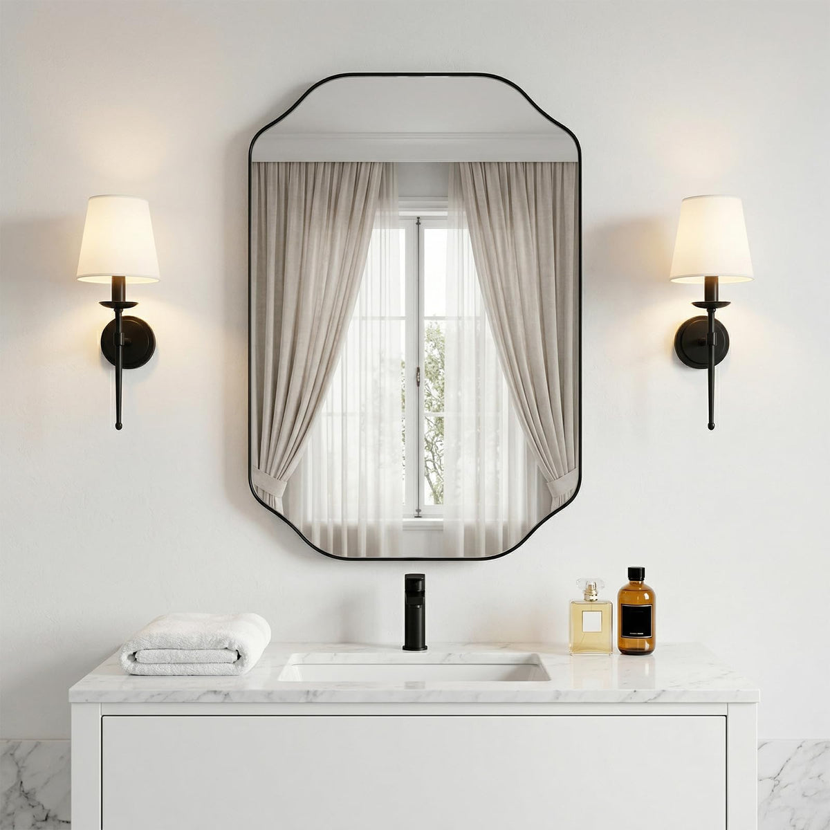 24x32 Inch Bathroom Mirror, Brushed Nickel Scalloped Wall Vanity Mirror Anti-Rust Stainless Steel 0.8" Frame Wall Mounts Horizontally or Vertically