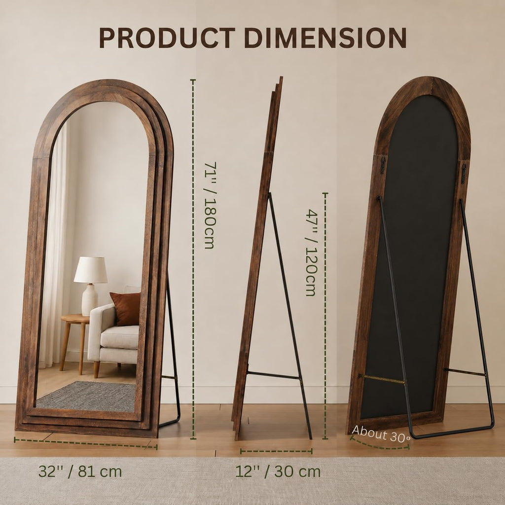 PERFNIQUE Wood Arched Full Length Mirror with Stand, 71x32 Floor Mirror