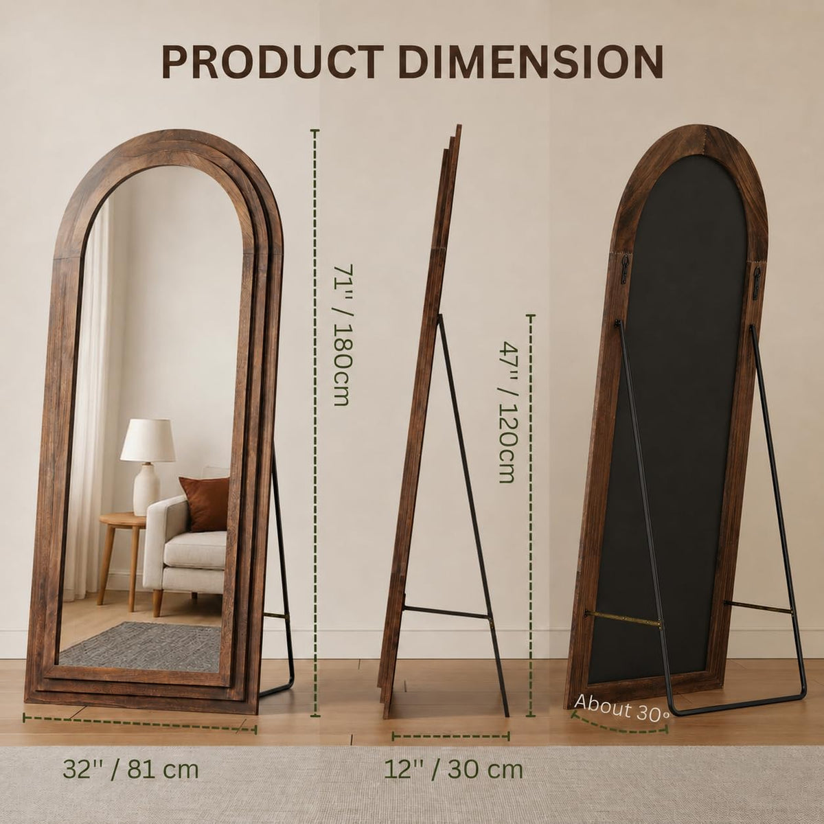 PERFNIQUE Wood Arched Full Length Mirror with Stand, 71x32 Floor Mirror