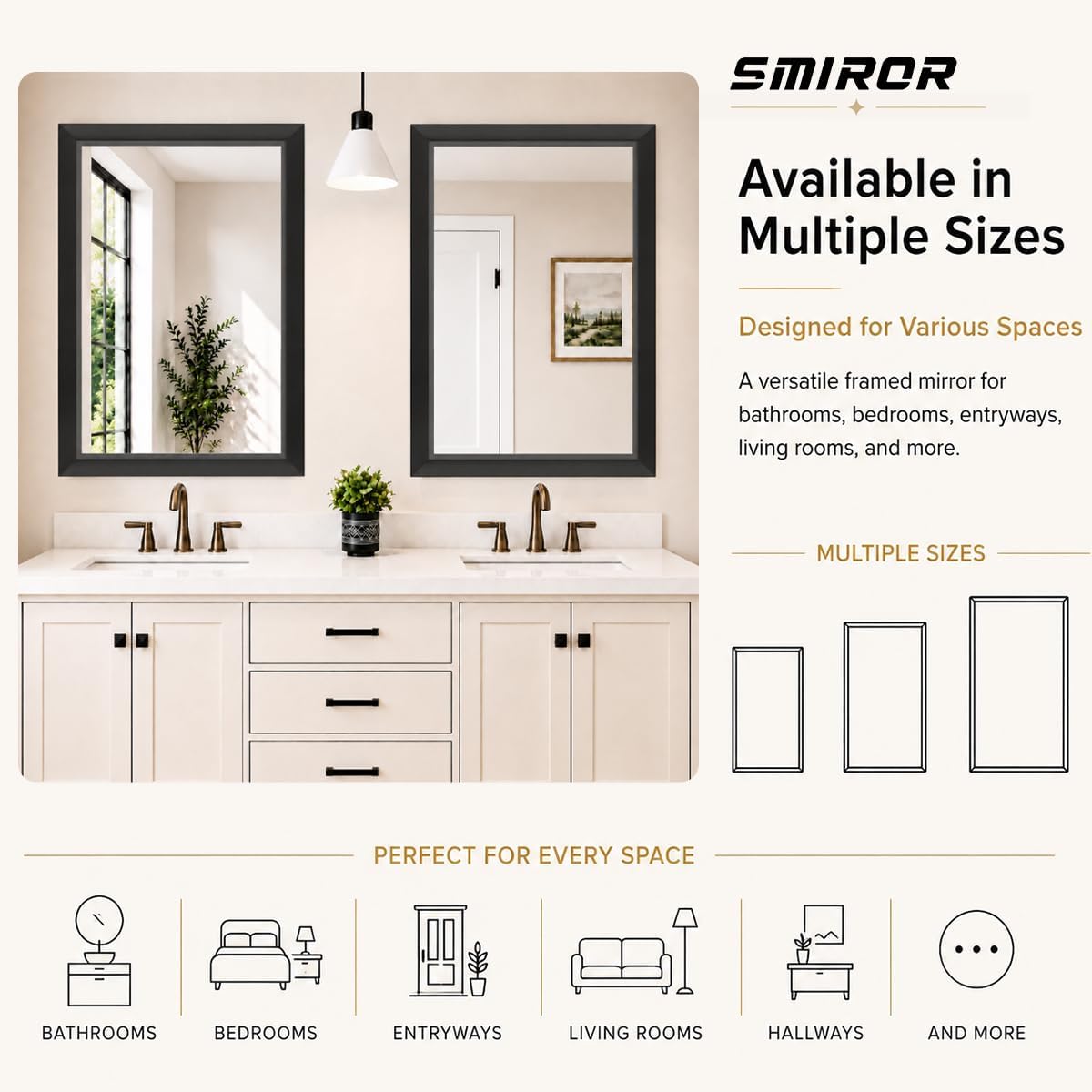 SMIROR 24x36 Matte Black Bathroom Vanity Mirror for Over Sink