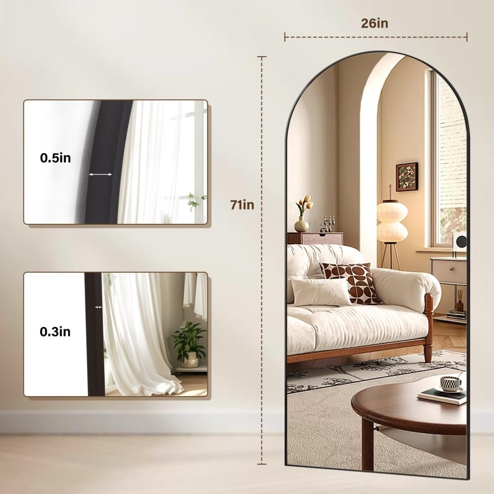 71" x 26" Arched Full Length Mirror, Black Frame Floor Standing Mirror, Full Body Dressing Mirror for Bedroom, Closet & Home Decor
