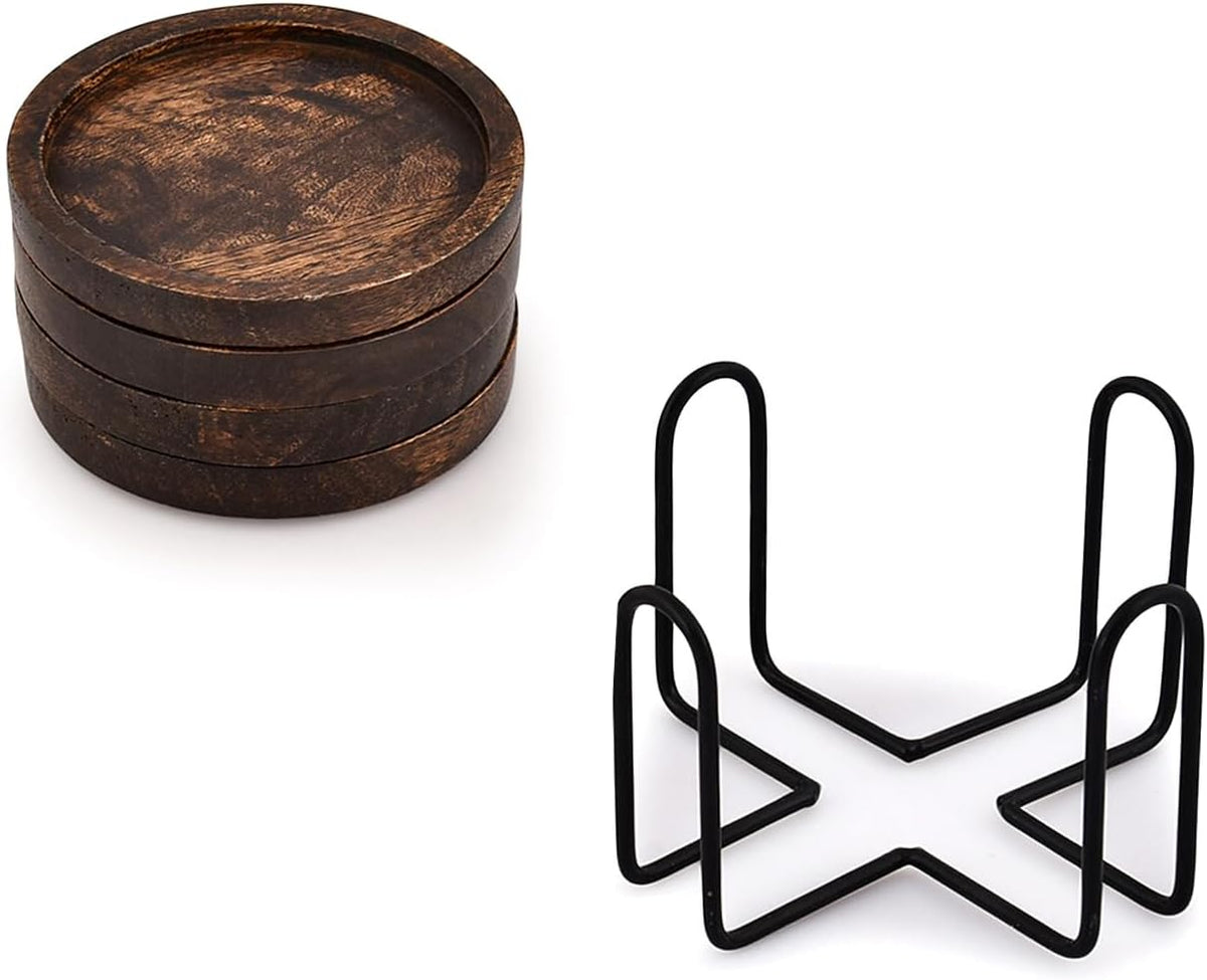 SAMHITA Mango Wood Coasters for Drinks with Iron Holder Stand Set of 4 for Drinking Glasses, Tabletop Protection for Any Table Type