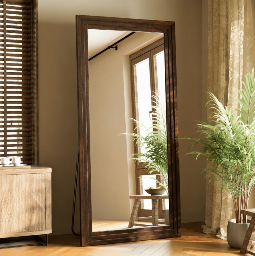 Full Length Mirror 65"X22", Walnut Large Floor Mirror with Solid Wood Frame