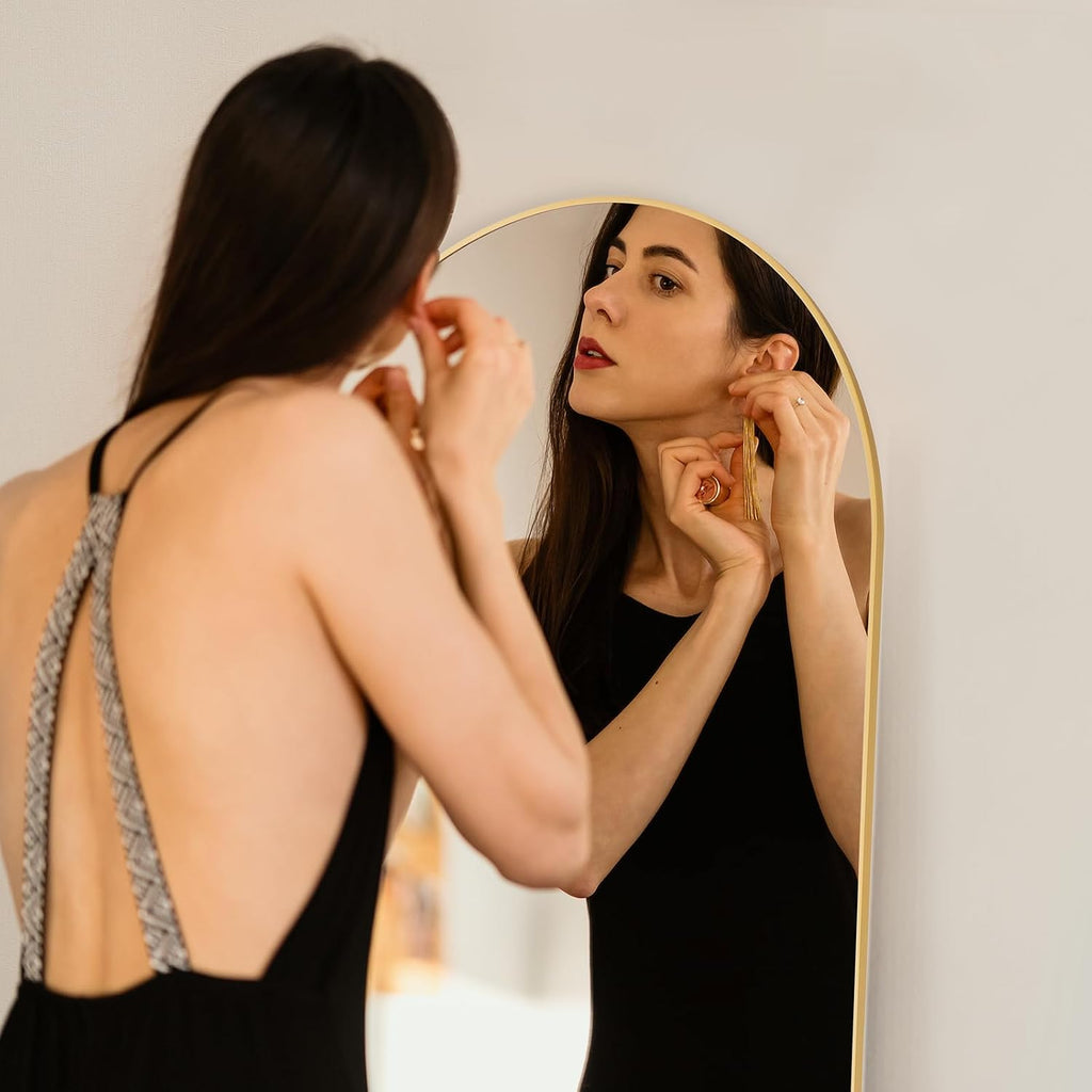 64"x21" Arched Full Length Mirror, Full Body Mirror with Leaning or Standing, Floor Standing Aluminum Frame for Bedroom, Livingroom, Cloakroom, Gold
