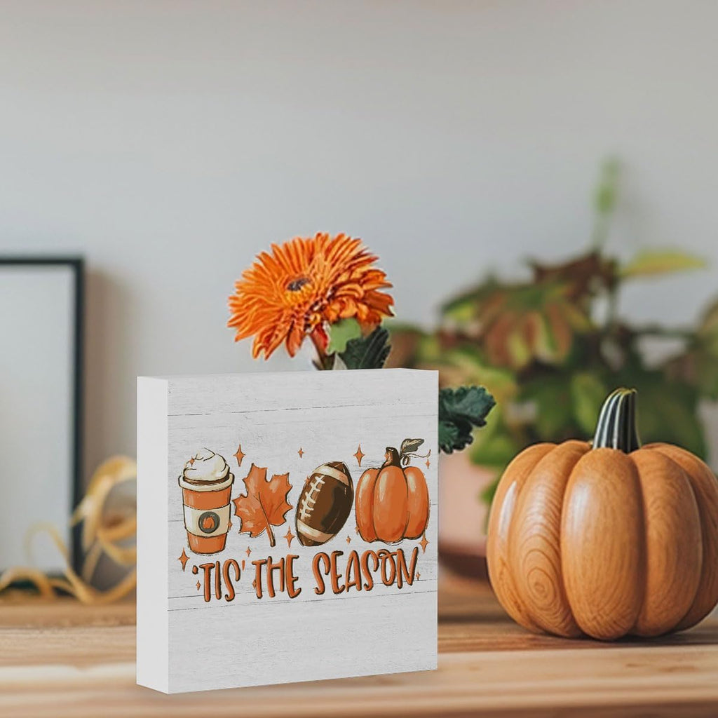 Fall Decorations for Home Fall Decor Rustic Tis' the Season Pumpkin Sign, Autumn Thanksgiving Decor Sign for Home Office Bathroom Kitchen Bedroom Room Mantel Tiered Tray Decoration 5 x 5 Inches