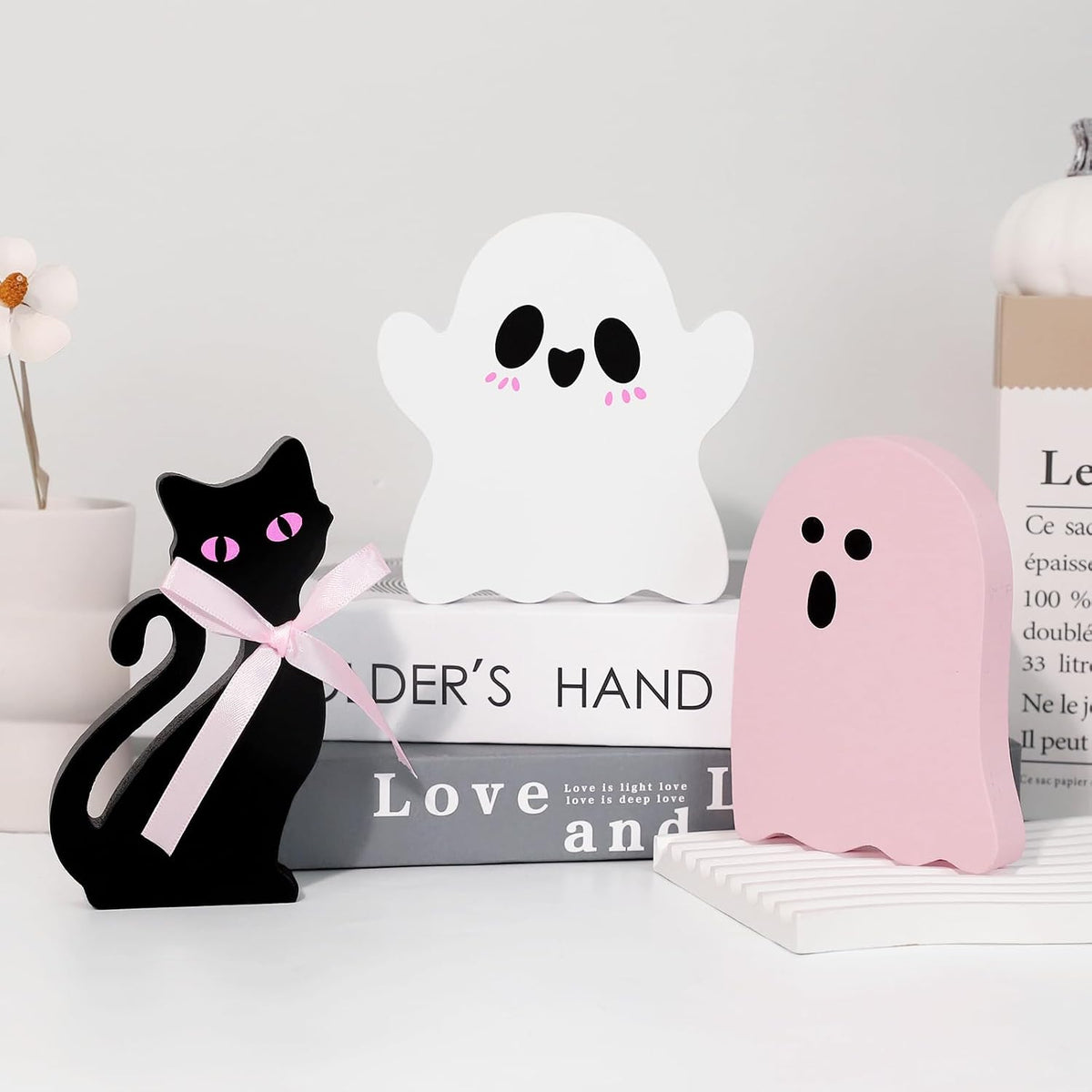 3Pcs Pink Cute Halloween Decor, Pink Ghost Decor Pastel Halloween Tiered Tray Decorations Indoor Ghost Cat Wooden Decors for Office Home Decoration