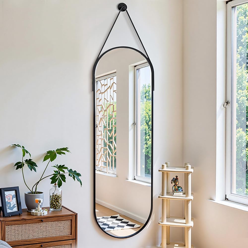 OGCAU 48" x 16" Full Length Mirror Wall Mounted Hanging Mirror, Oval Black