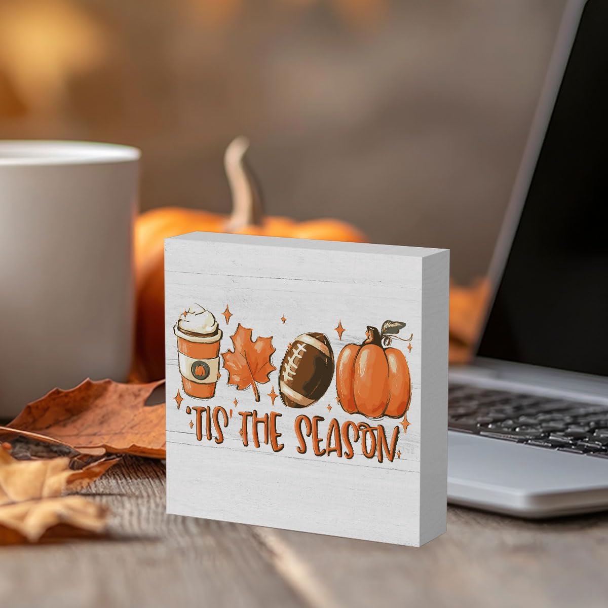 Fall Decorations for Home Fall Decor Rustic Tis' the Season Pumpkin Sign, Autumn Thanksgiving Decor Sign for Home Office Bathroom Kitchen Bedroom Room Mantel Tiered Tray Decoration 5 x 5 Inches