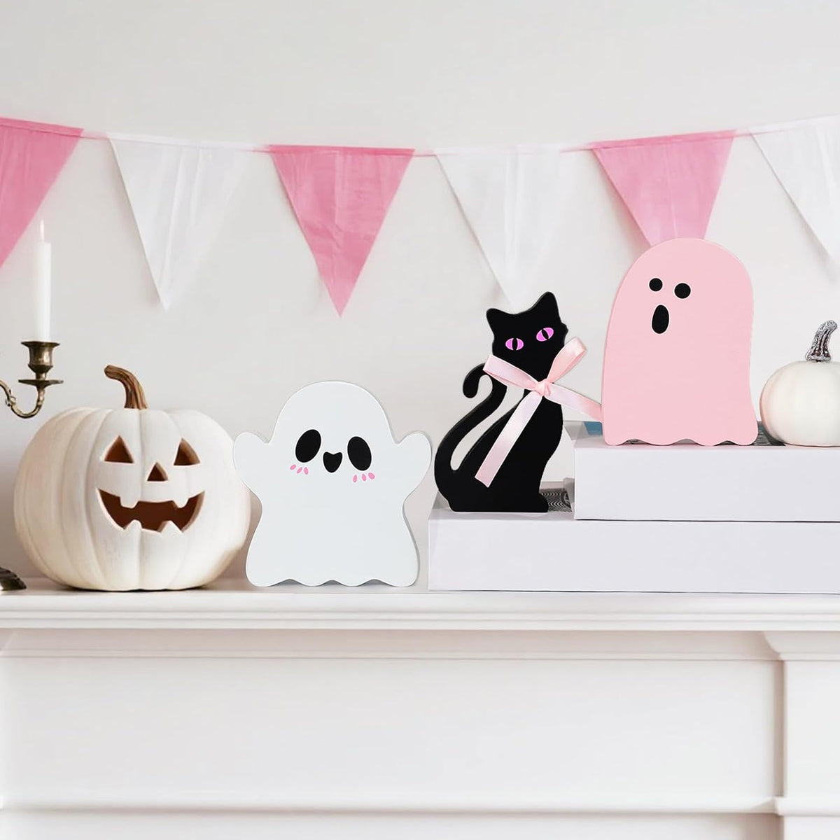 3Pcs Pink Cute Halloween Decor, Pink Ghost Decor Pastel Halloween Tiered Tray Decorations Indoor Ghost Cat Wooden Decors for Office Home Decoration