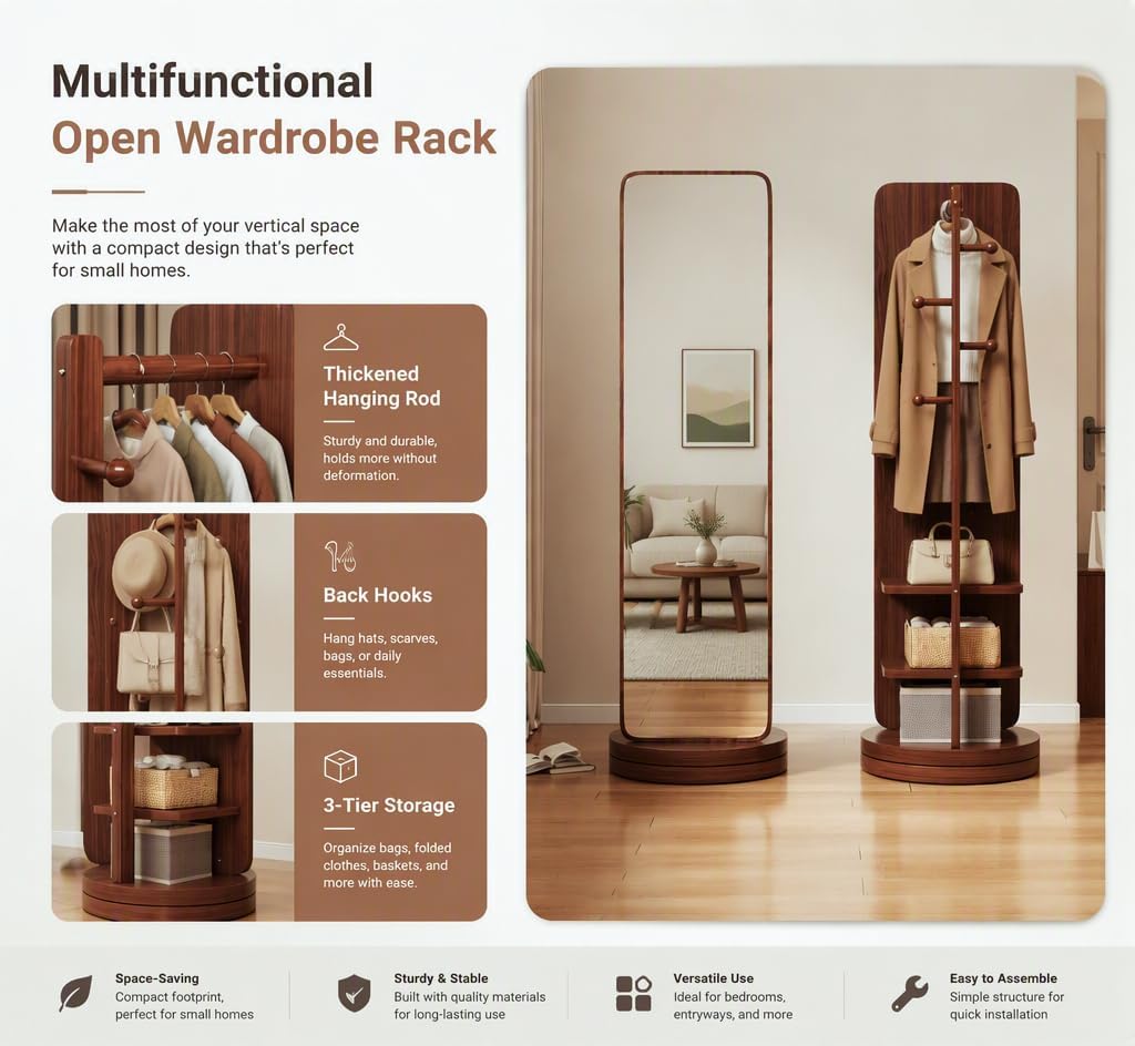 360 Rotating Floor Mirror with Rack, Walnut 2-Pieces