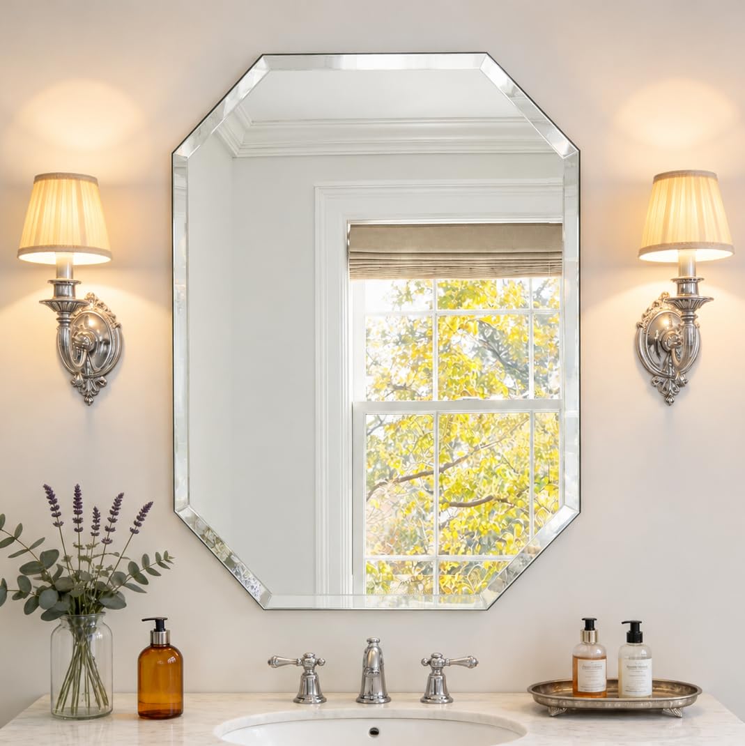 Silver Wall Mirror-Beveled Edge Frameless Mirror for Bathroom, Vanity, Bedroom, Rectangle Mirrors （32X24inch）