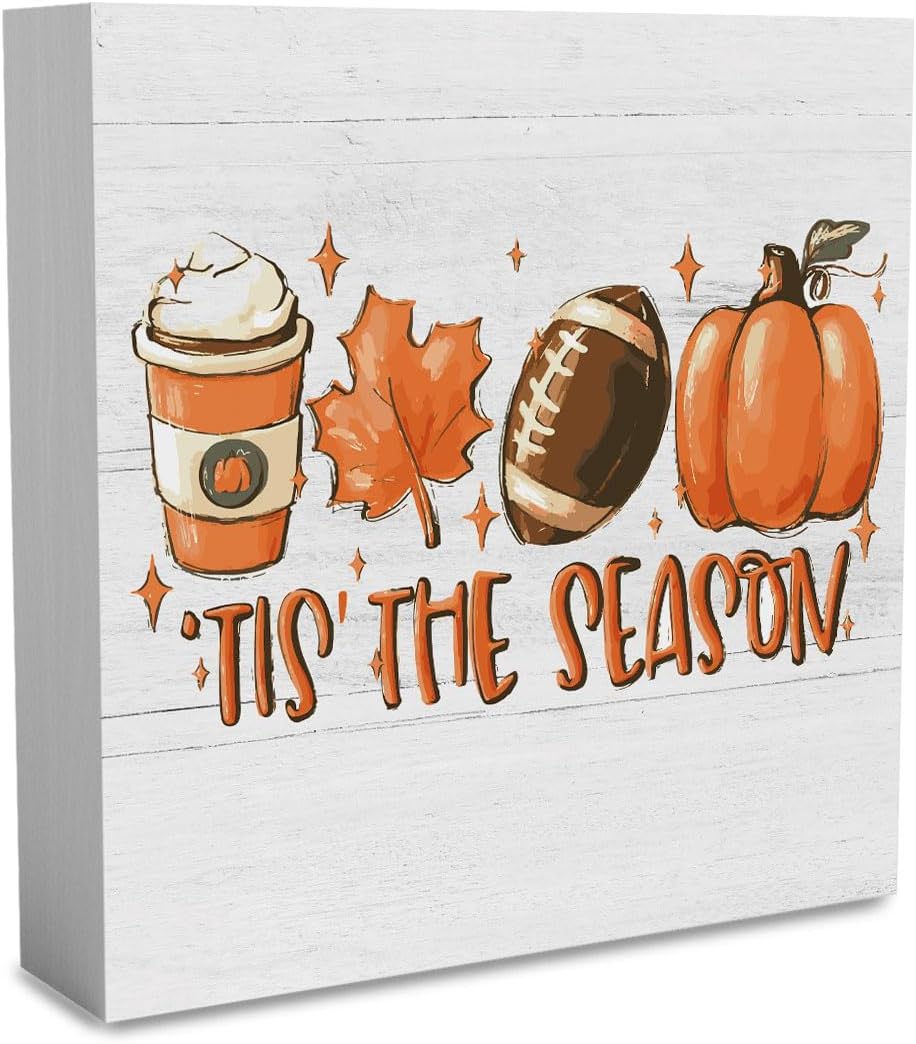 Fall Decorations for Home Fall Decor Rustic Tis' the Season Pumpkin Sign, Autumn Thanksgiving Decor Sign for Home Office Bathroom Kitchen Bedroom Room Mantel Tiered Tray Decoration 5 x 5 Inches