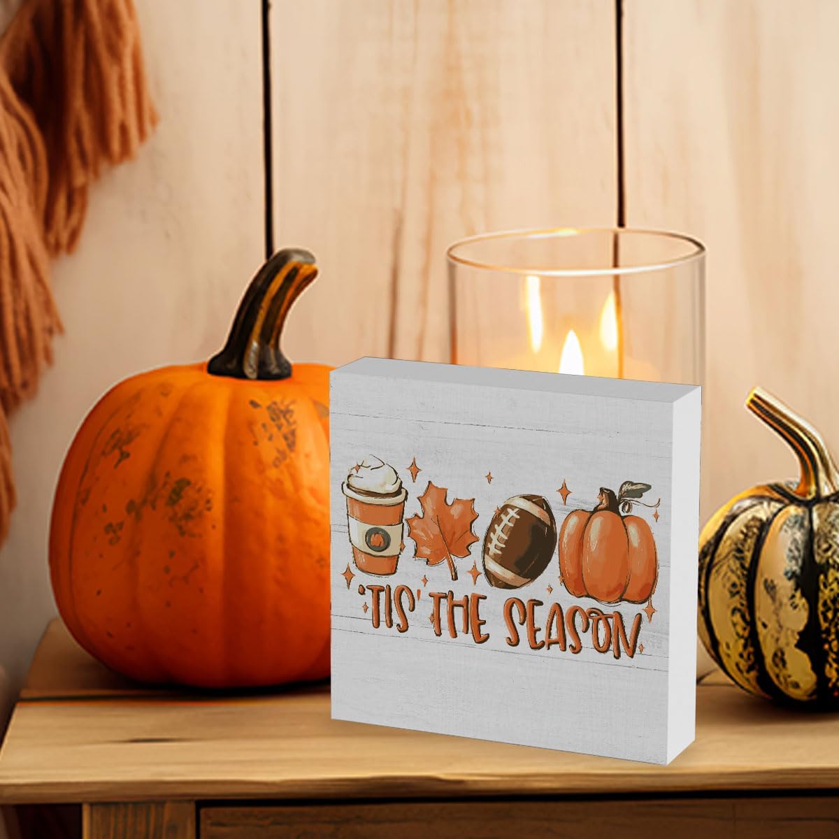 Fall Decorations for Home Fall Decor Rustic Tis' the Season Pumpkin Sign, Autumn Thanksgiving Decor Sign for Home Office Bathroom Kitchen Bedroom Room Mantel Tiered Tray Decoration 5 x 5 Inches