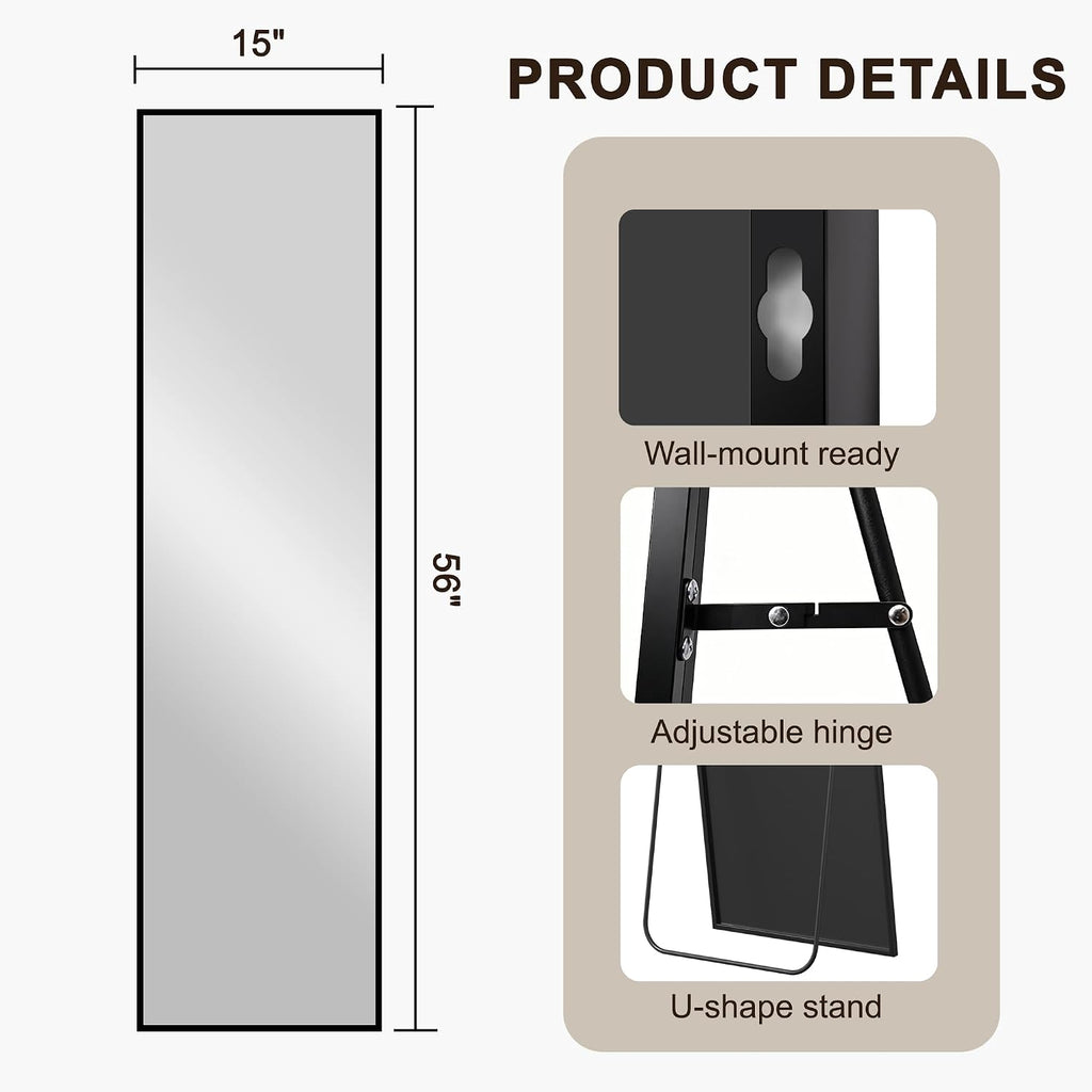 FICTOR Full Length Mirror with Stand, Floor Standing Mirror, 56"x15", Black