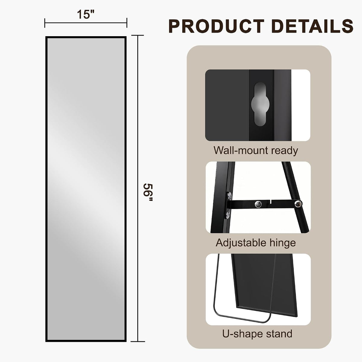 FICTOR Full Length Mirror with Stand, Floor Standing Mirror, 56"x15", Black