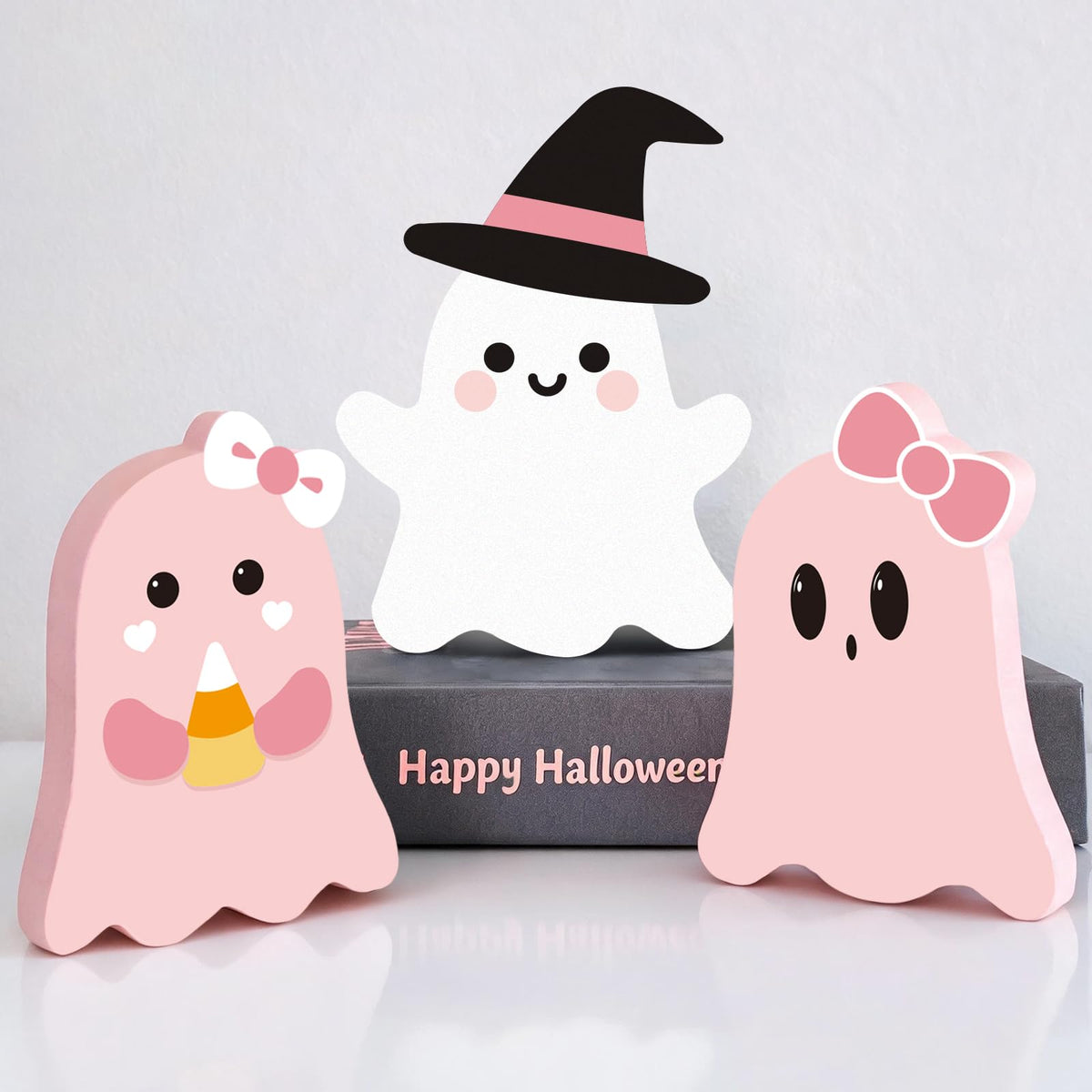 3Pcs Pink Cute Halloween Decor, Pink Ghost Decor Pastel Halloween Tiered Tray Decorations Indoor Ghost Cat Wooden Decors for Office Home Decoration
