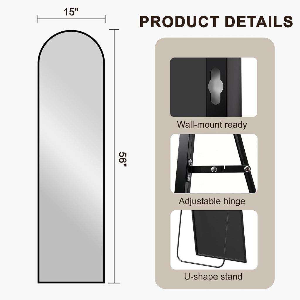 Arched Full Length Mirror with Stand, 56"x15" Full Body Floor Mirror, Black