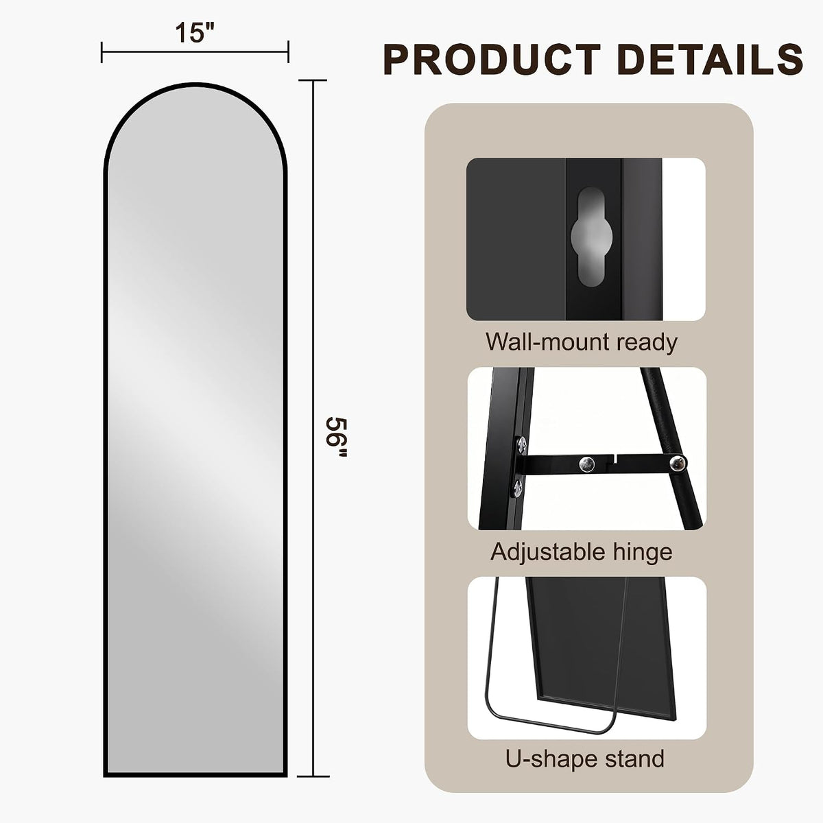 Arched Full Length Mirror with Stand, 56"x15" Full Body Floor Mirror, Black