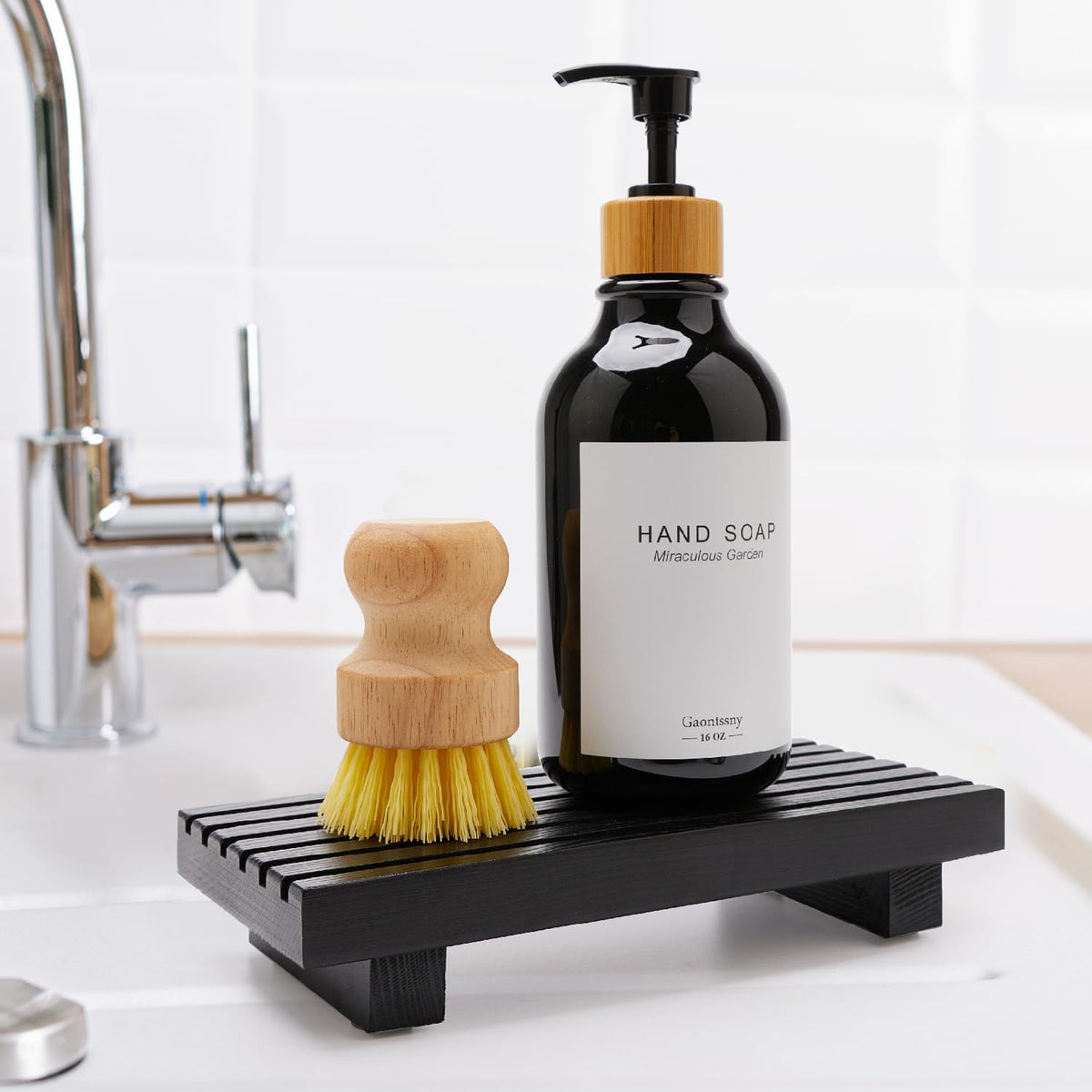 Black Bathroom Decor Wooden Counter Tray Sink Accessories Soap Dispenser
