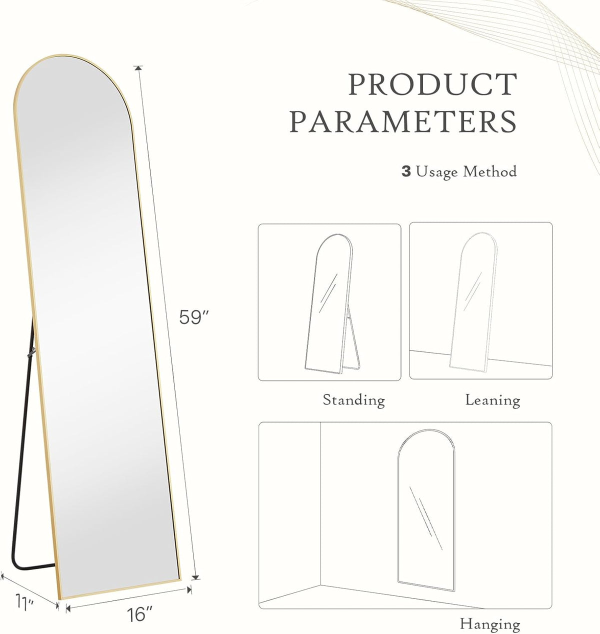 DUMOS Arched Mirror Full Length Floor, 59x16 Inch Full Body Standing Mirror