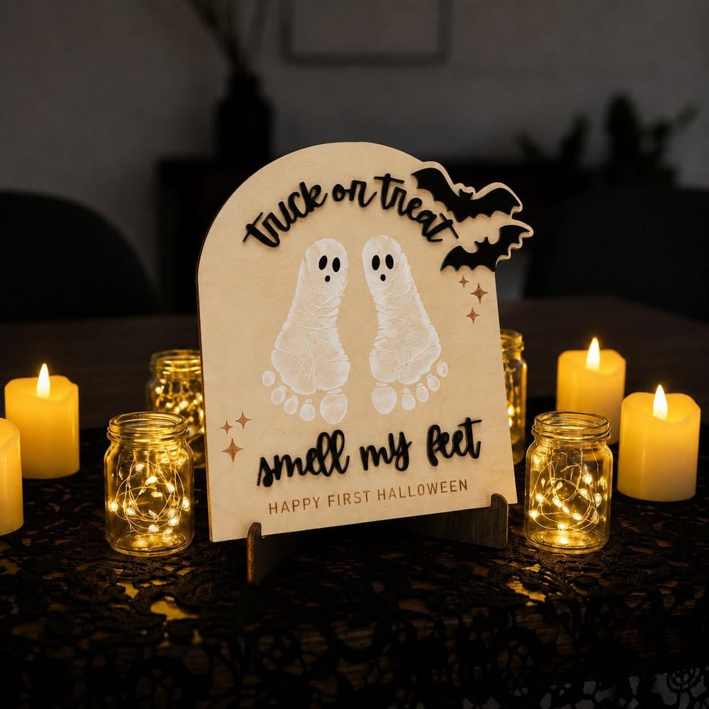 My First Halloween, Halloween Baby Footprint Wooden Sign, Trick or Treat Smell My Feet Keepsake, Newborn Fall Decoration, DIY Painting Craft for First Year Memory Display