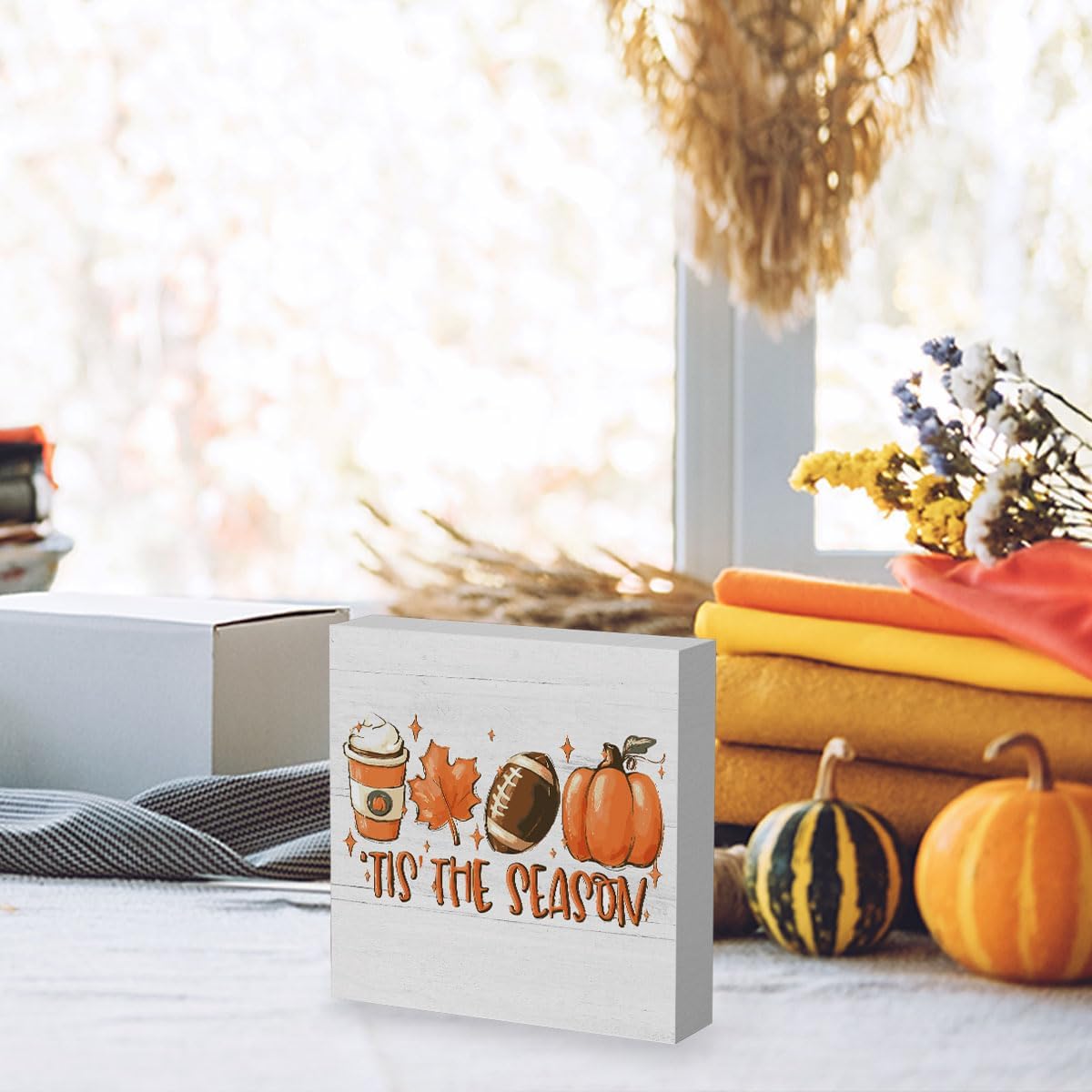Fall Decorations for Home Fall Decor Rustic Tis' the Season Pumpkin Sign, Autumn Thanksgiving Decor Sign for Home Office Bathroom Kitchen Bedroom Room Mantel Tiered Tray Decoration 5 x 5 Inches