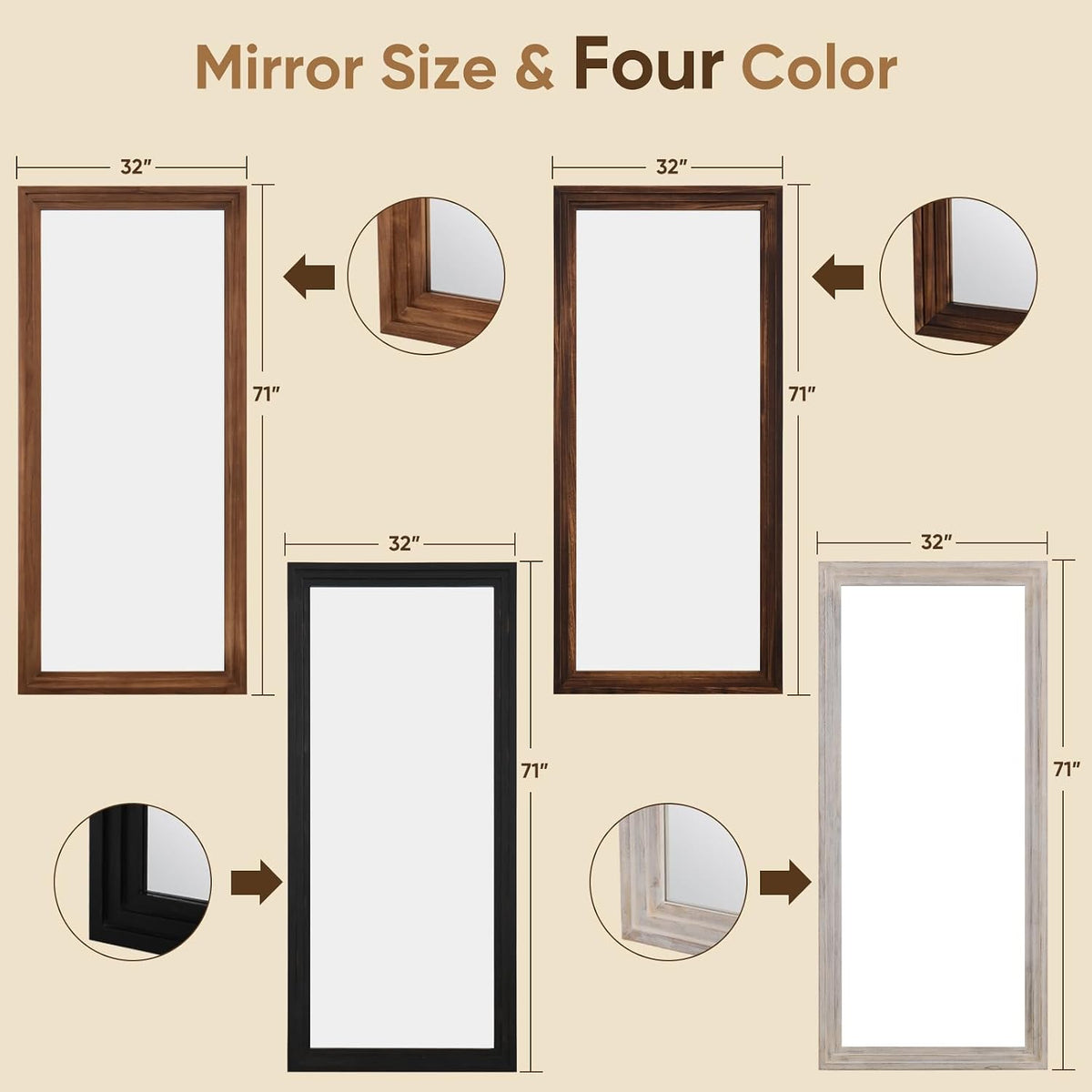 Full Length Mirror 71"x32", Rect Solid Wood Frame with Stand