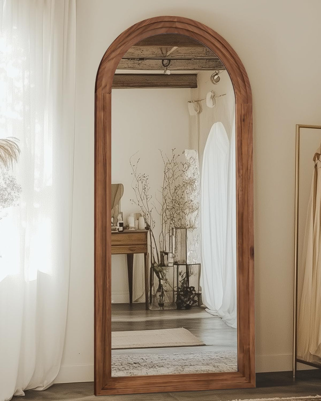 Full Length Mirror 71"x32", Arched Solid Wood Frame with Stand