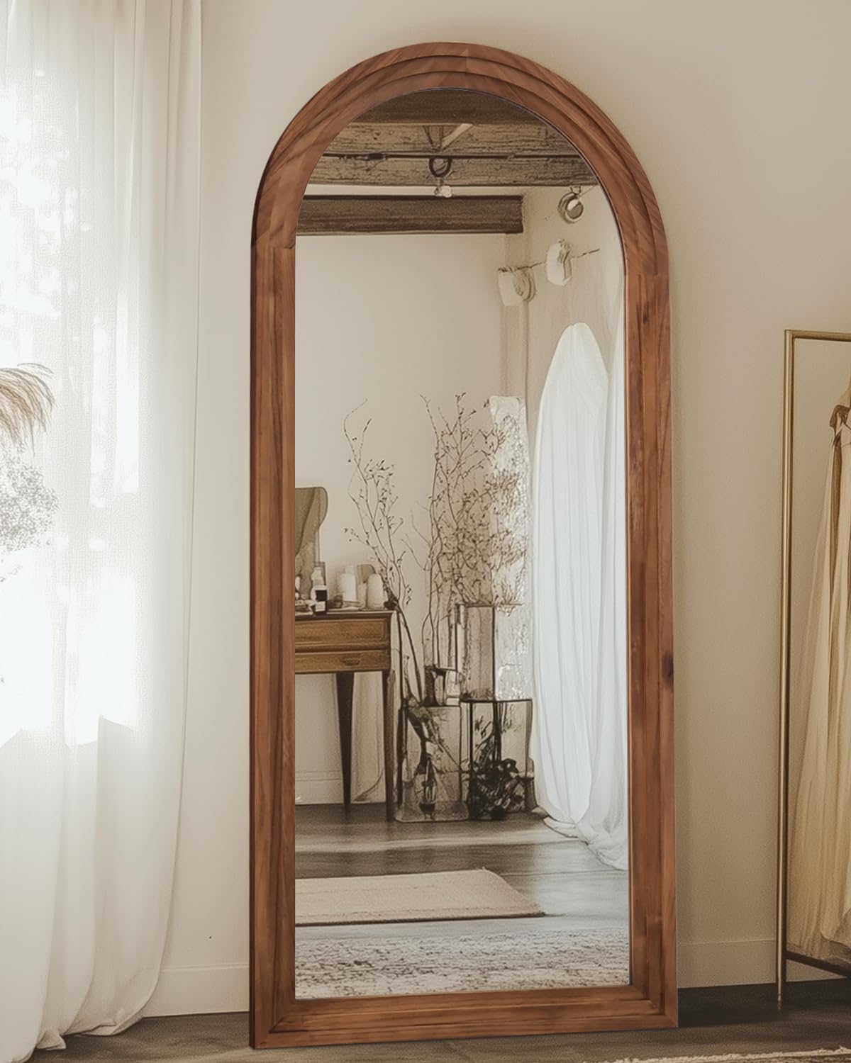 Full Length Mirror 71"x32", Arched Solid Wood Frame with Stand