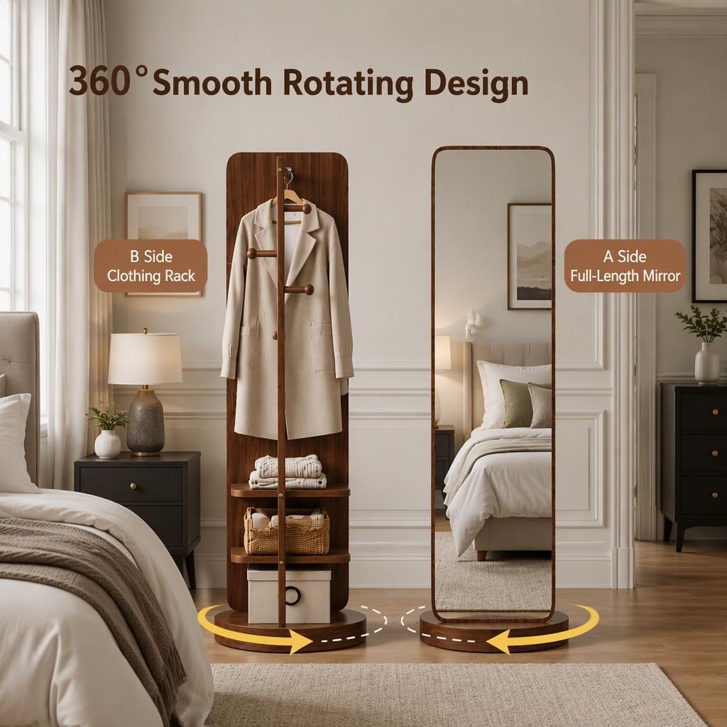 360 Rotating Floor Mirror with Rack, Walnut 2-Pieces
