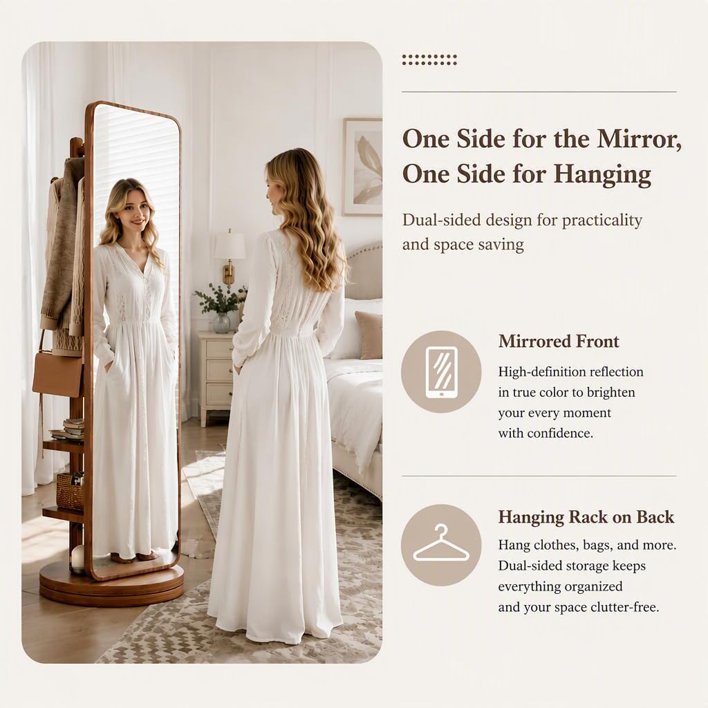 360 Rotating Floor Mirror with Rack, Walnut 2-Pieces