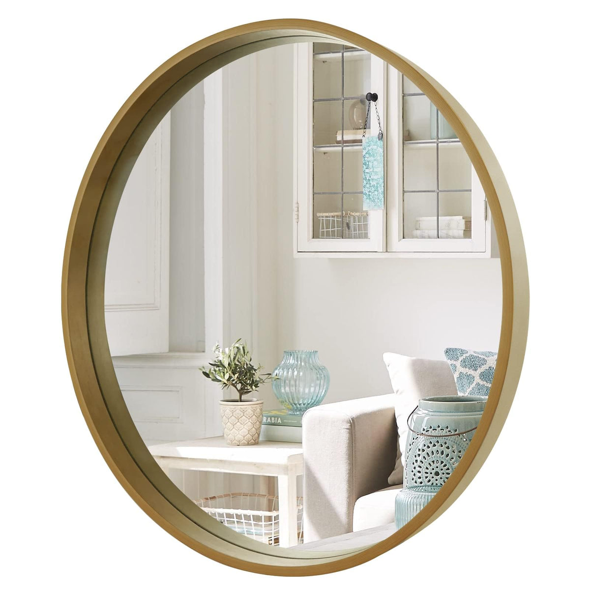WallBeyond Wood Round Mirror with Wood Frame 24 inch Circle Wall Mirror for Bathroom Round Wall Mirror for Wall Decor, Vanity, Entryway Living Room (Walnut)