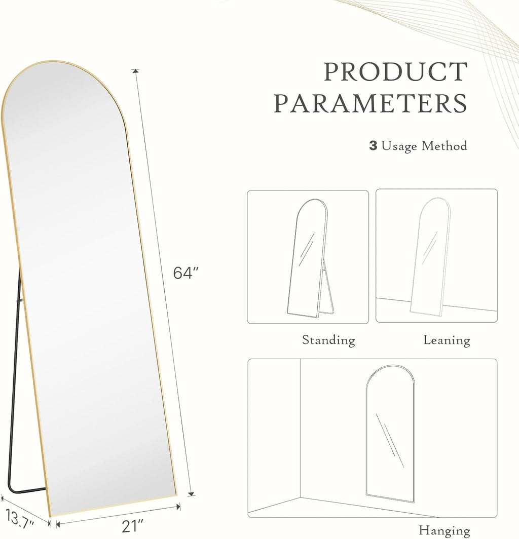 64"x21" Arched Full Length Mirror, Full Body Mirror with Leaning or Standing, Floor Standing Aluminum Frame for Bedroom, Livingroom, Cloakroom, Gold