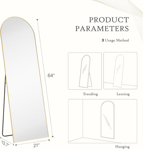 64"x21" Arched Full Length Mirror, Full Body Mirror with Leaning or Standing, Floor Standing Aluminum Frame for Bedroom, Livingroom, Cloakroom, Gold