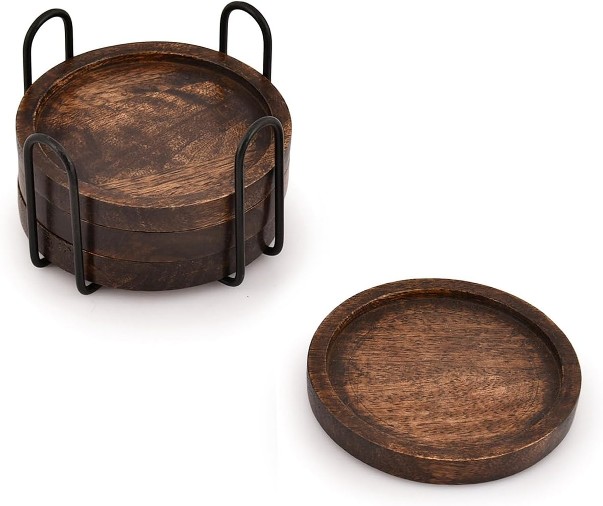 SAMHITA Mango Wood Coasters for Drinks with Iron Holder Stand Set of 4 for Drinking Glasses, Tabletop Protection for Any Table Type