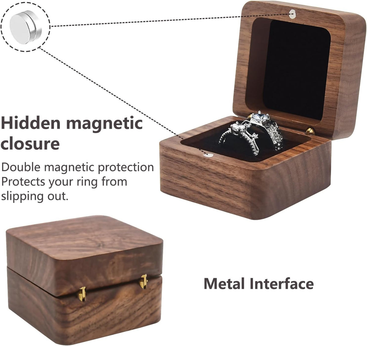 Jomelly Wooden Ring Box for Wedding Ceremony 2 Slots,Black