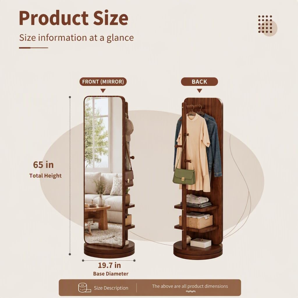 360 Rotating Floor Mirror with Rack, Walnut 2-Pieces