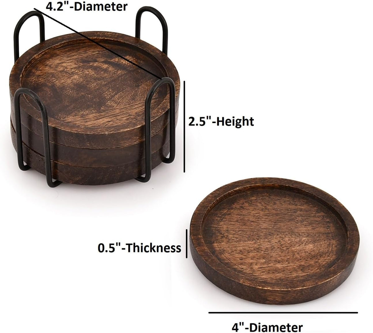 SAMHITA Mango Wood Coasters for Drinks with Iron Holder Stand Set of 4 for Drinking Glasses, Tabletop Protection for Any Table Type
