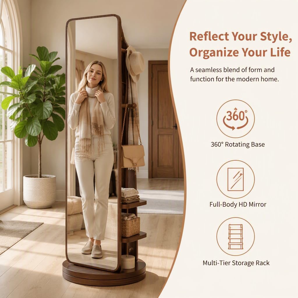 360 Rotating Floor Mirror with Rack, Walnut 2-Pieces