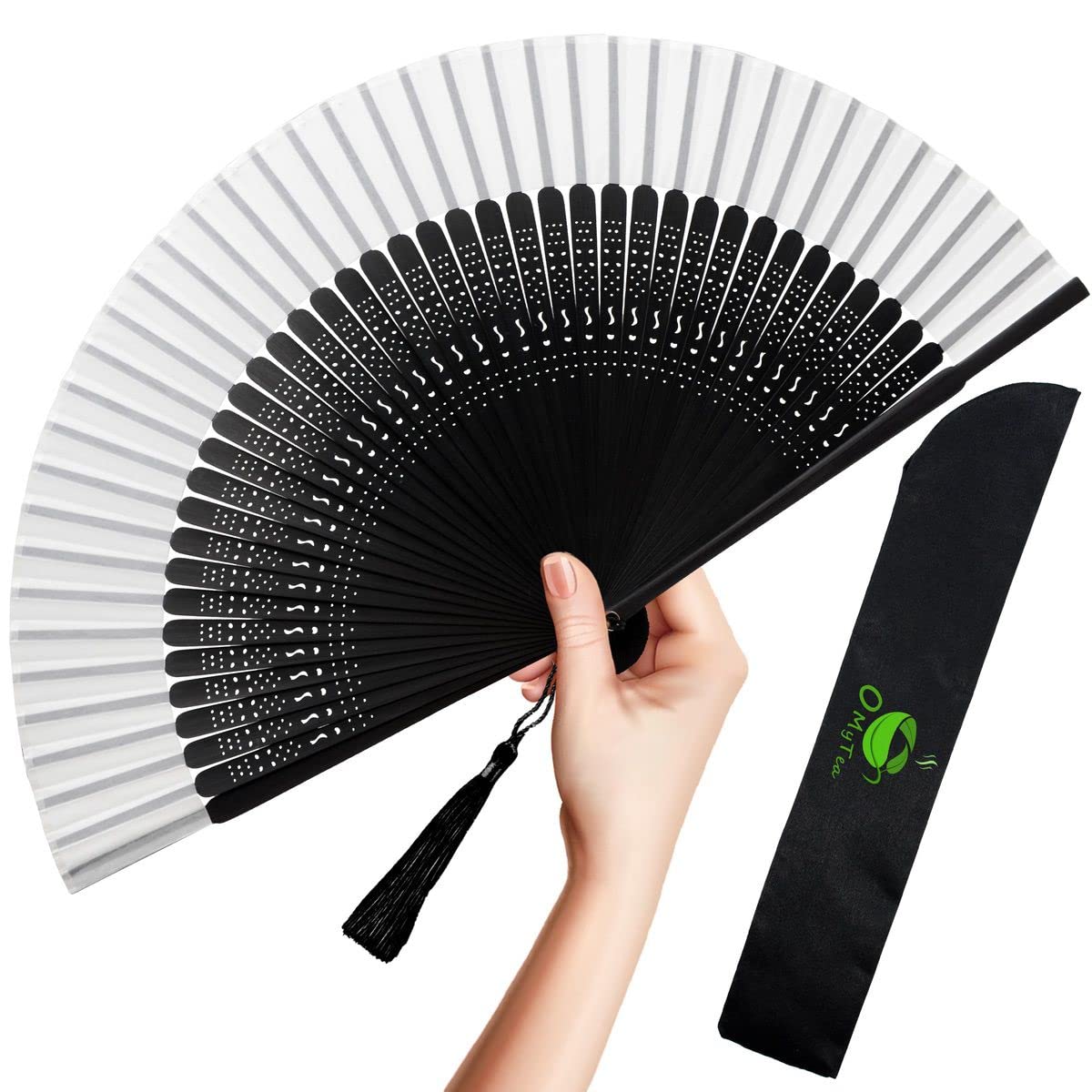 OMyTea Hand Fan Foldable for Women, Japanese Chinese Fan, Solid Black
