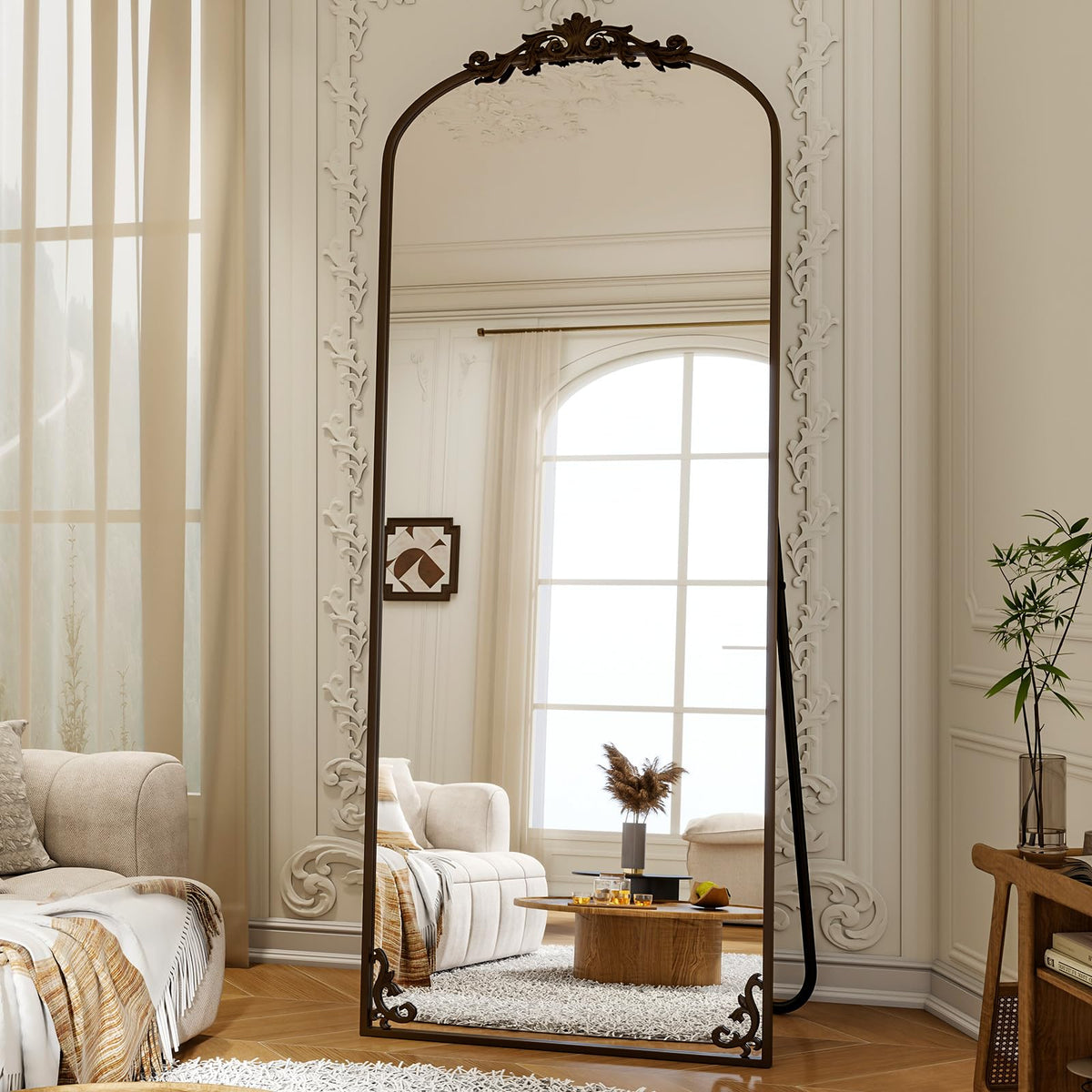 XRAMFY Arched Full Length Mirror, 71'' x 28'' Vintage Full Body Mirror with Carved for Home Decor, Standing Floor Mirror for Wall for Living Room, Bedroom, Cloakroom, Black, Retro Style