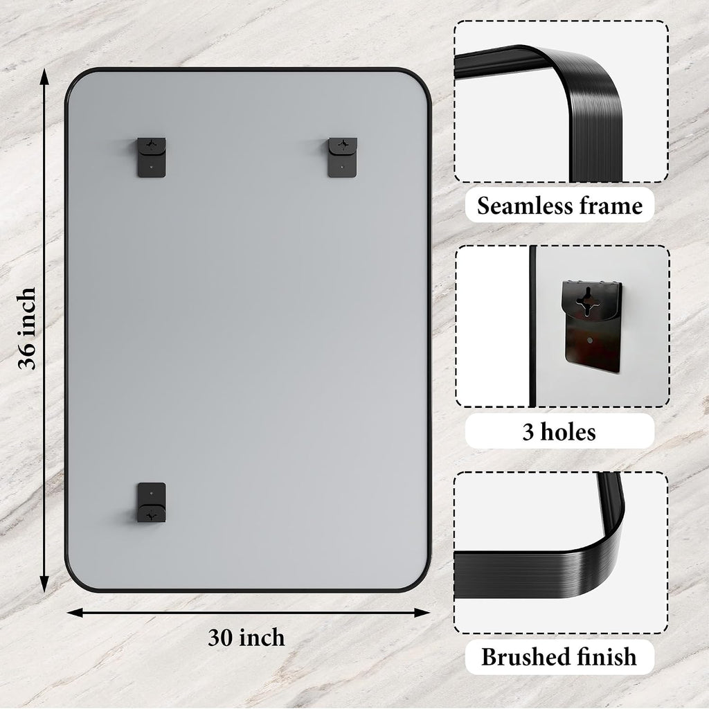 30x36 Inch Black Metal Framed Bathroom Mirror for Wall, HD Tempered Glass