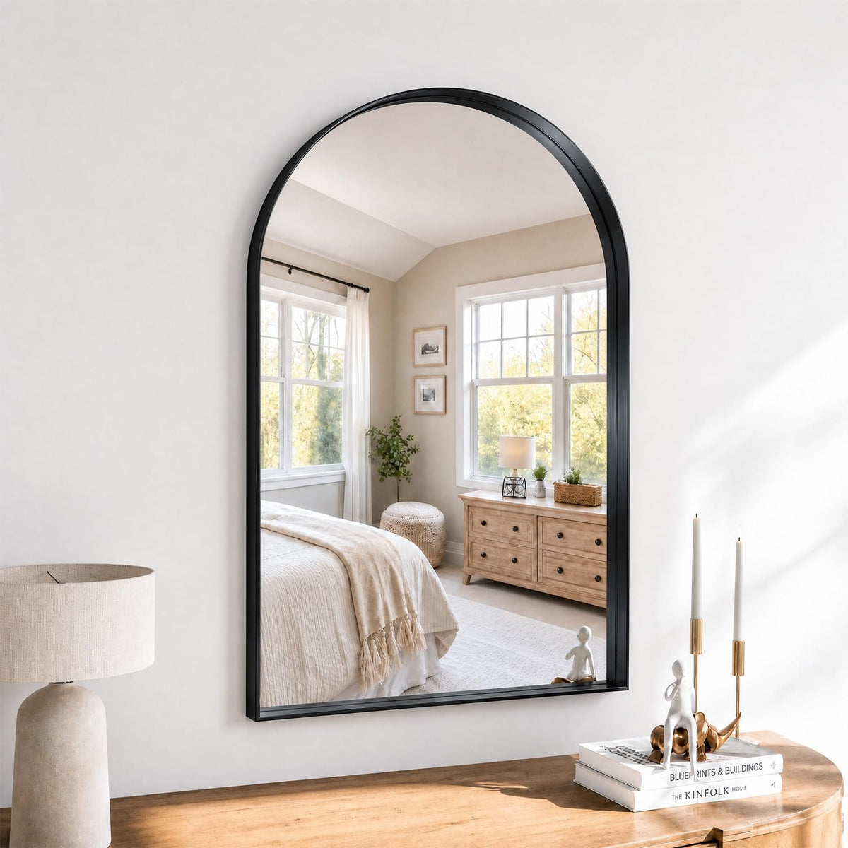 36"x24" Black Arched Mirror, Arched Wall Mirror with Metal Frame, Wall Mounted Large Arched Mirror for Living Room, Restroom, Entryway, Tempered Glass, Modern Home Decor