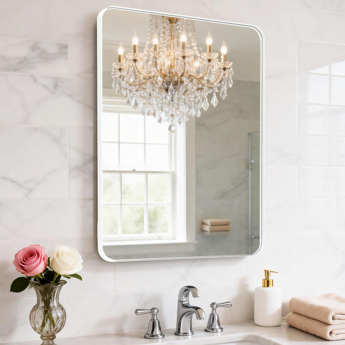 Black Bathroom Mirror 24 x 28 in Vanity Mirror,Metal Frame Wall Mirror,Farmhouse Rectangle Mirror, Bathroom Mirrors for Over Sink,Horizontal or Vertical Hanging